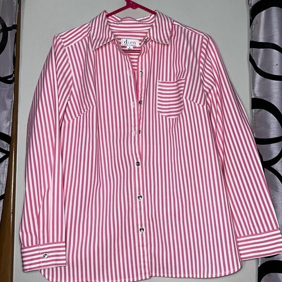 D & Co pink candy striped button down, long sleeve shirt, size small - Picture 1 of 13